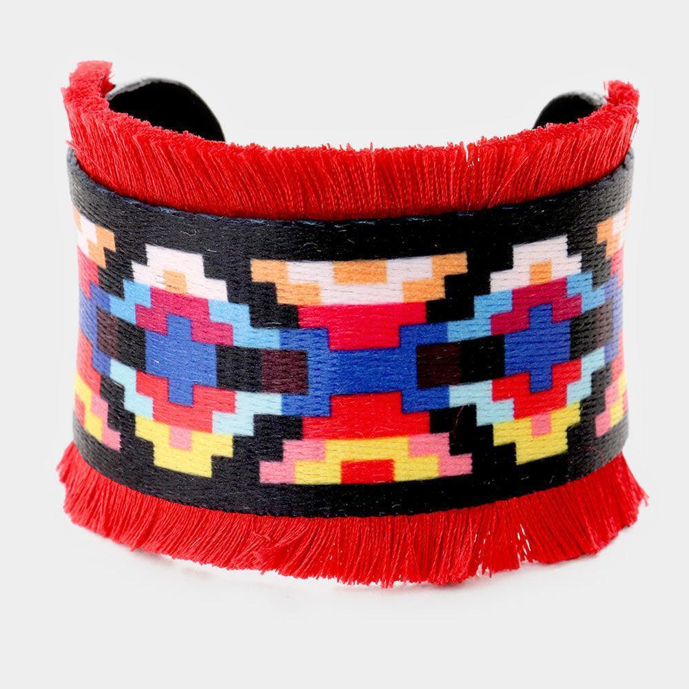 Red Embroidery Boho Pattern Tassel Trim Cuff Bracelet - Jewelry Store by Erik Rayo