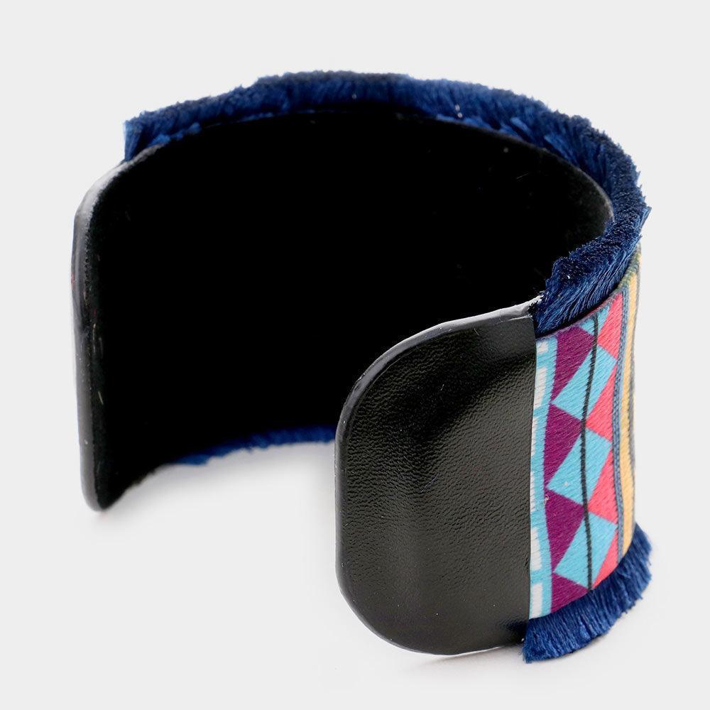 Blue Embroidery Boho Pattern Tassel Trim Cuff Bracelet - Jewelry Store by Erik Rayo