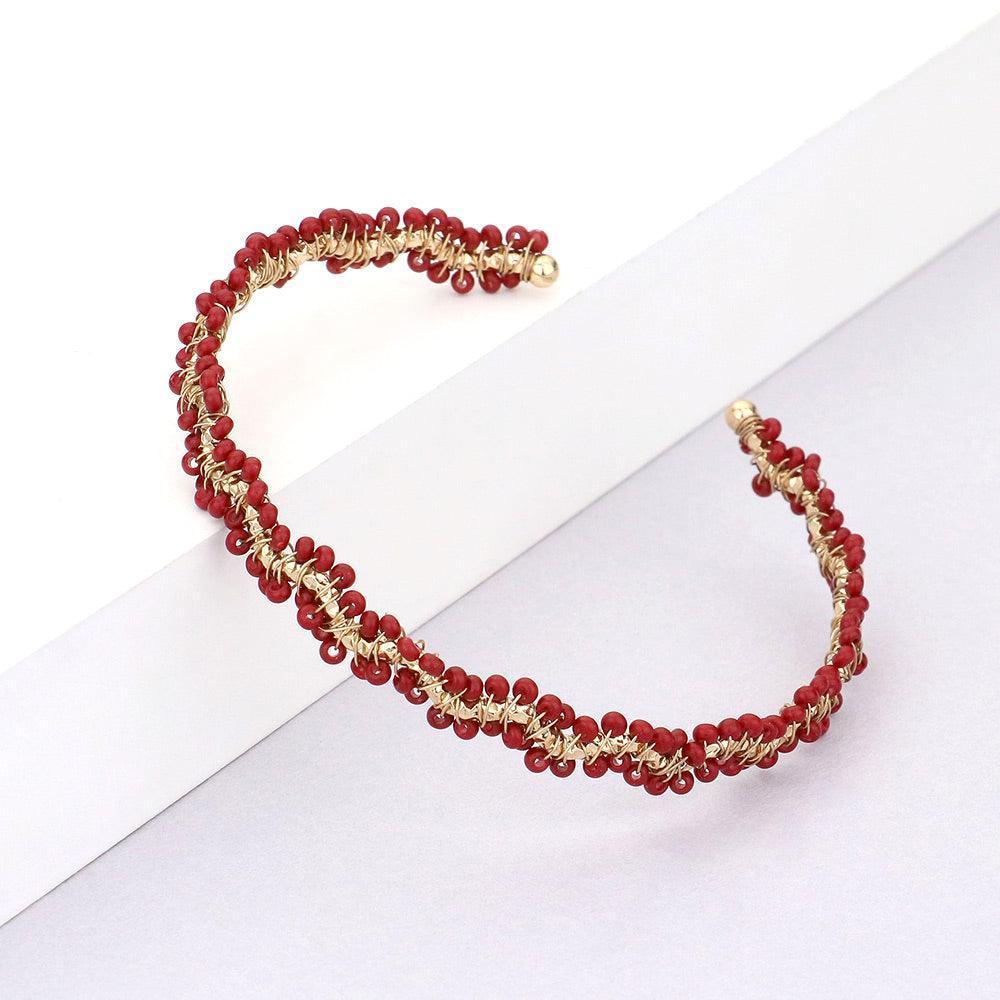 Burgundy Wrapped Seed Beaded Cuff Bracelet - Jewelry Store by Erik Rayo