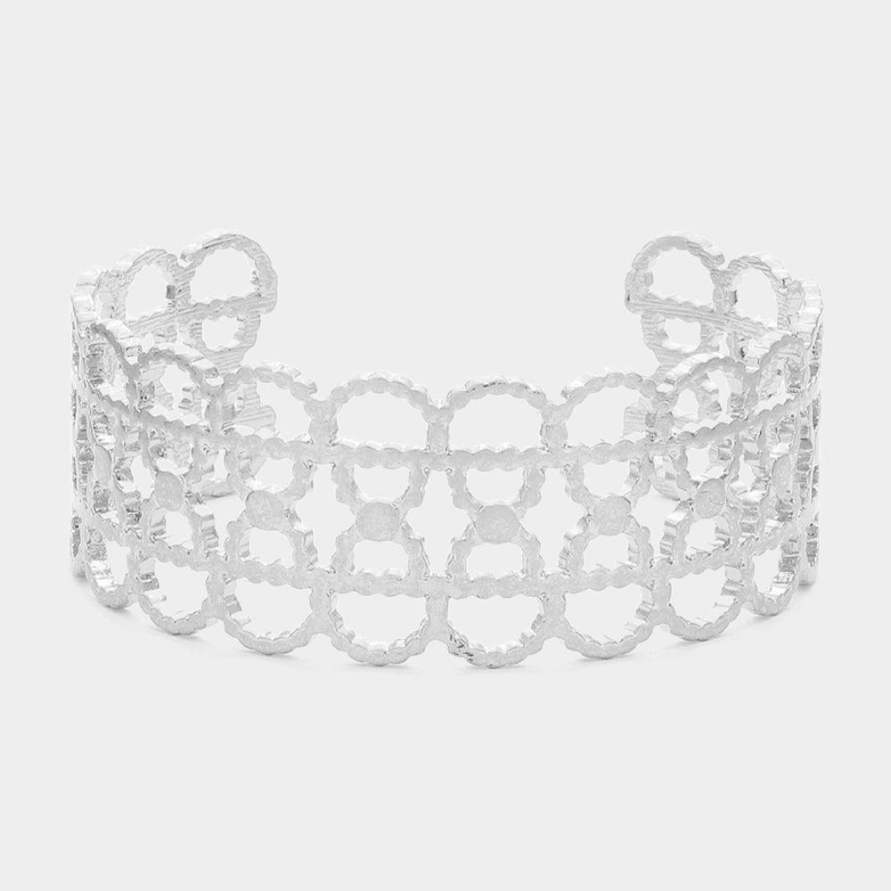 Silver Textured Metal Open Oval Cuff Bracelet