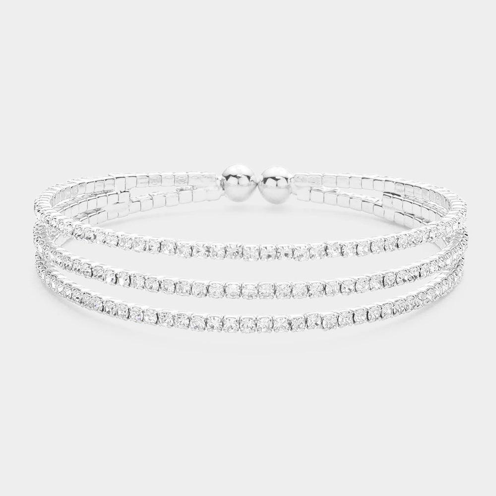 Silver 3Rows Split Layered Rhinestone Cuff Bracelet - Jewelry Store by Erik Rayo