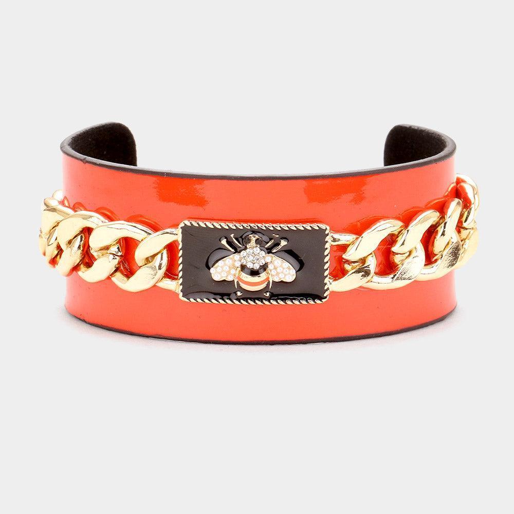 Red Pearl Honey Bee Metal Chain Accented Cuff Bracelet - Jewelry Store by Erik Rayo
