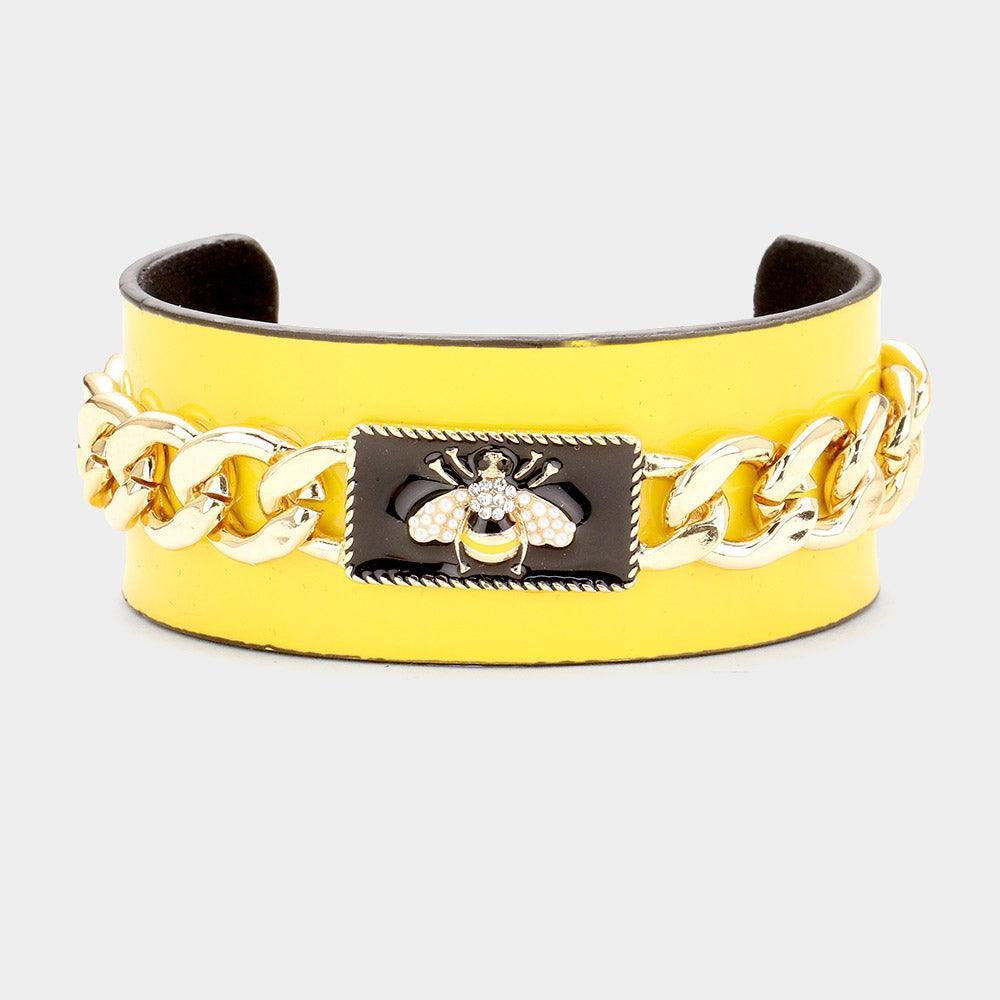 Yellow Pearl Honey Bee Metal Chain Accented Cuff Bracelet - Jewelry Store by Erik Rayo