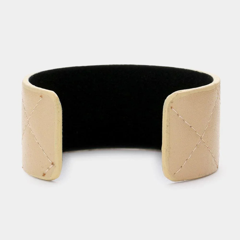 Pearl Trimmed Rhinestone Double Open Circle Accented Faux Leather Cuff Bracelet - Jewelry Store by Erik Rayo