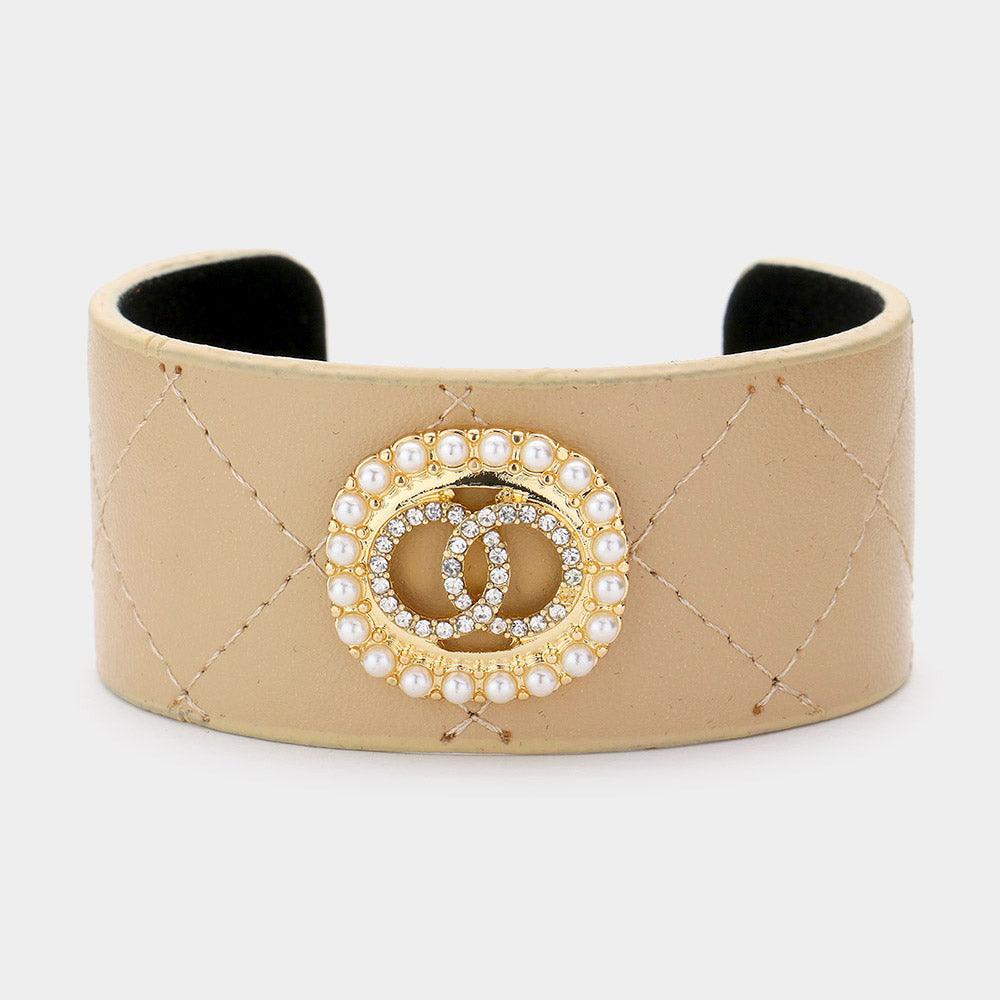 Pearl Trimmed Rhinestone Double Open Circle Accented Faux Leather Cuff Bracelet