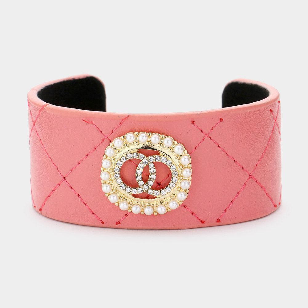 Pink Pearl Trimmed Rhinestone Double Open Circle Accented Faux Leather Cuff Bracelet - Jewelry Store by Erik Rayo