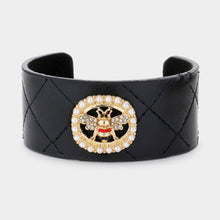 Load image into Gallery viewer, Black Pearl Trimmed Rhinestone Honey Bee Accented Faux Leather Cuff Bracelet
