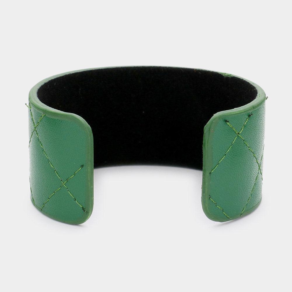 Green Pearl Trimmed Rhinestone Honey Bee Accented Faux Leather Cuff Bracelet - Jewelry Store by Erik Rayo