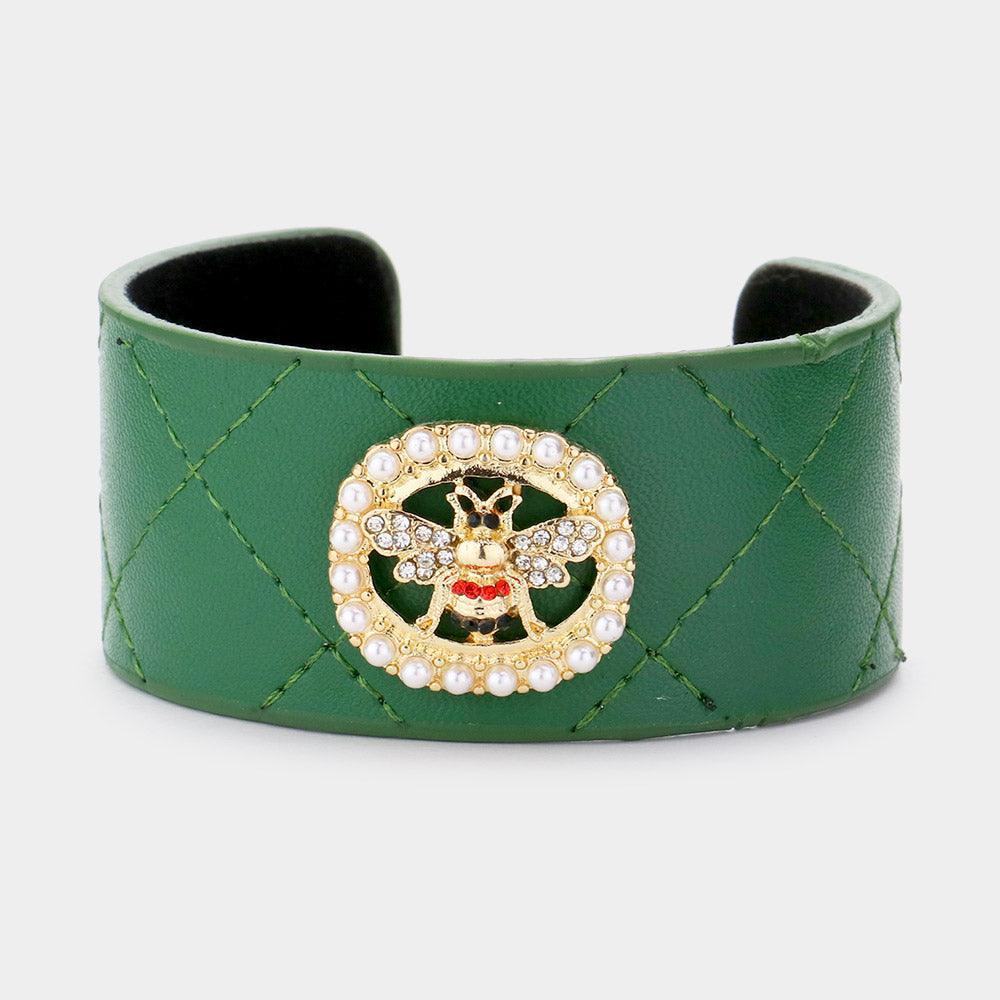 Green Pearl Trimmed Rhinestone Honey Bee Accented Faux Leather Cuff Bracelet - Jewelry Store by Erik Rayo