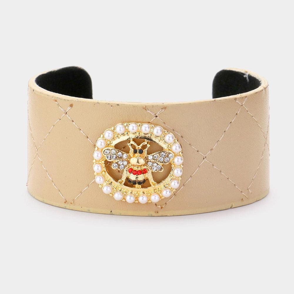 Pearl Trimmed Rhinestone Honey Bee Accented Faux Leather Cuff Bracelet - Jewelry Store by Erik Rayo