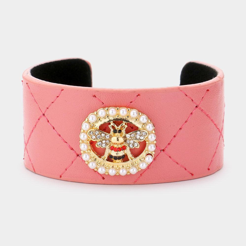 Pink Pearl Trimmed Rhinestone Honey Bee Accented Faux Leather Cuff Bracelet - Jewelry Store by Erik Rayo