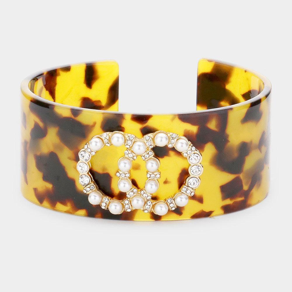 Pearl Rhinestone Embellished Celluloid Acetate Tortoise Cuff Bracelet - Jewelry Store by Erik Rayo
