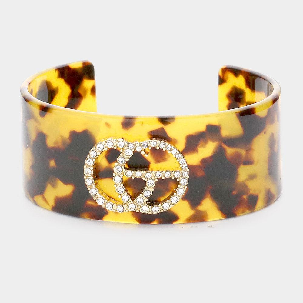 Rhinestone Embellished Celluloid Acetate Tortoise Cuff Bracelet