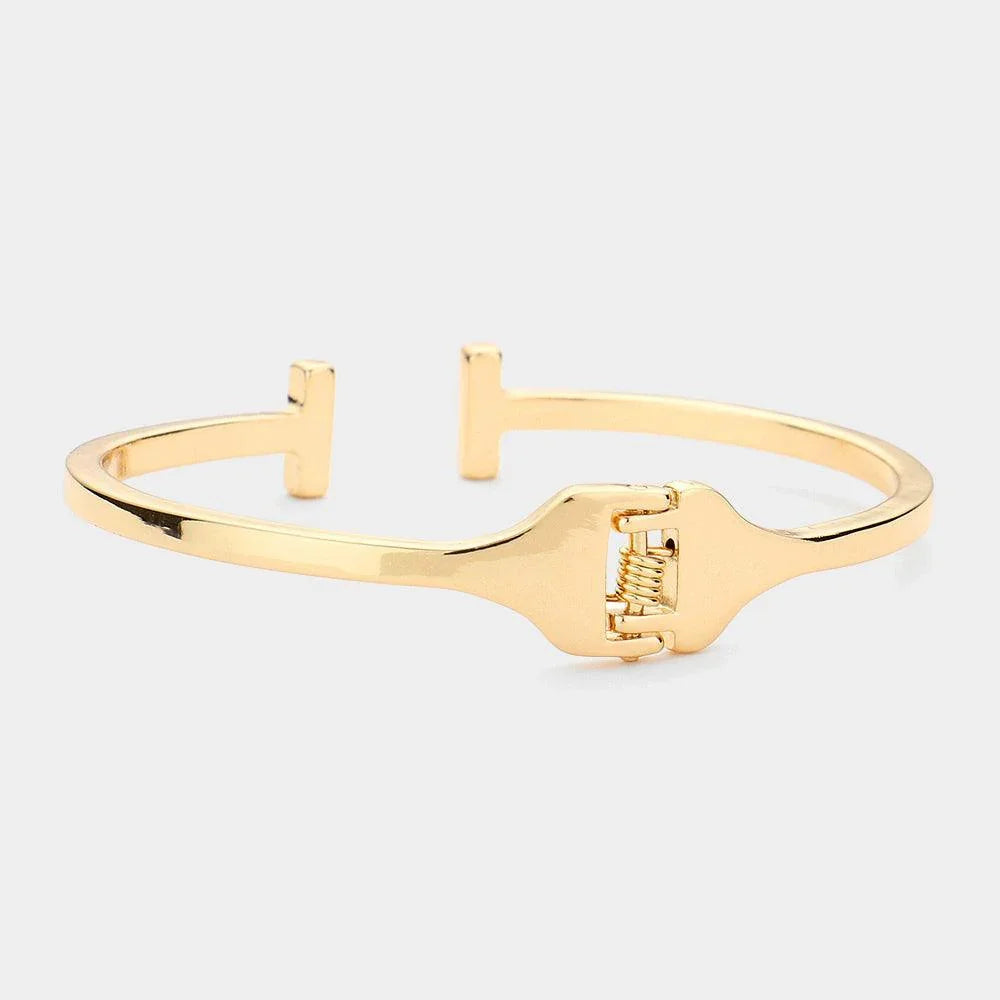 Gold Rhinestone Embellished Metal Rectangle Tip Hinged Cuff Bracelet - Jewelry Store by Erik Rayo