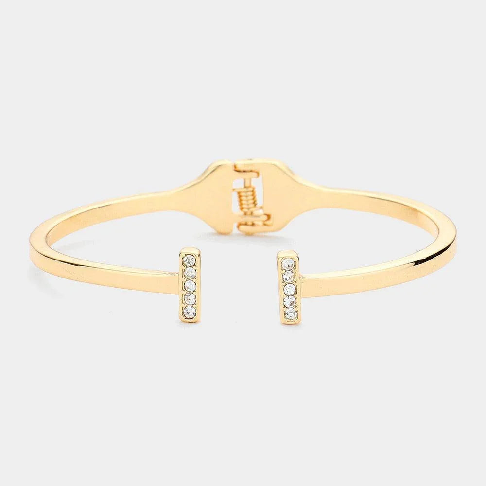 Gold Rhinestone Embellished Metal Rectangle Tip Hinged Cuff Bracelet - Jewelry Store by Erik Rayo