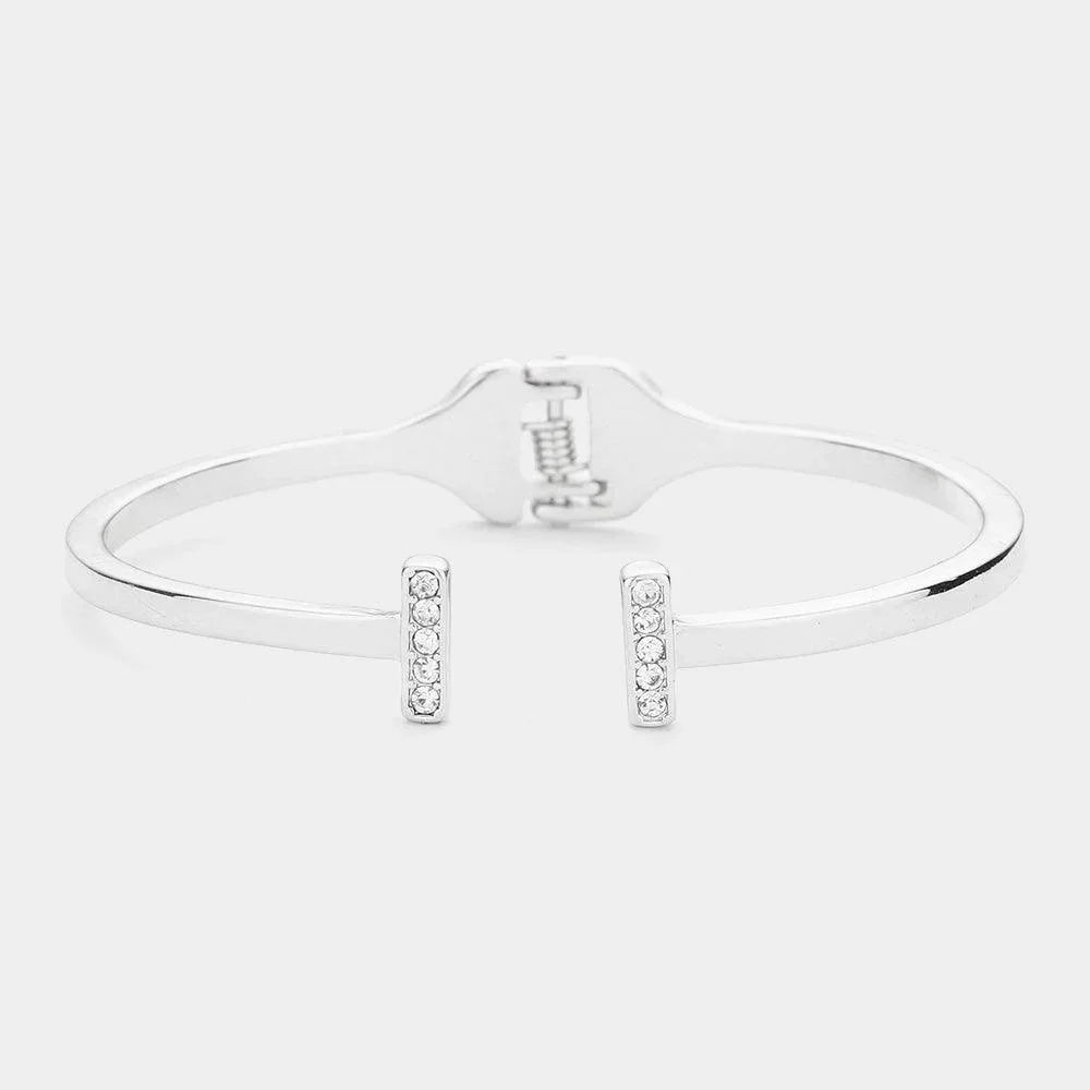 Silver Rhinestone Embellished Metal Rectangle Tip Hinged Cuff Bracelet - Jewelry Store by Erik Rayo