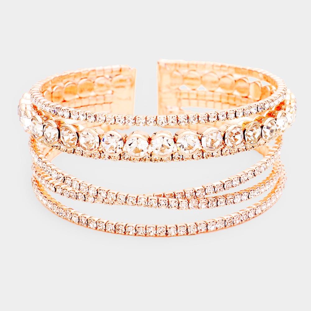 Rose Gold Crystal Round Rhinestone Pave Cuff Bracelet