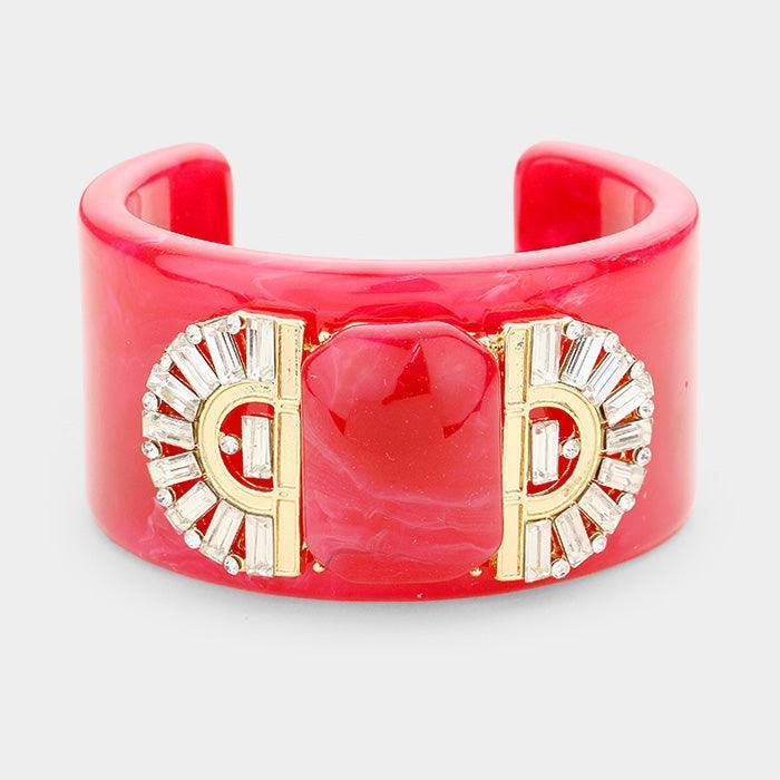 Red Crystal Embellished Celluloid Acetate Cuff Bracelet - Jewelry Store by Erik Rayo