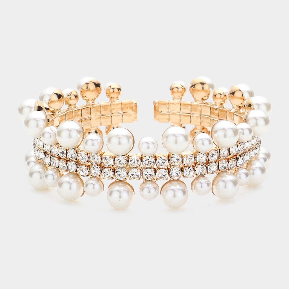 Cream Pearl Embellished Rhinestone Paved Cuff Bracelet