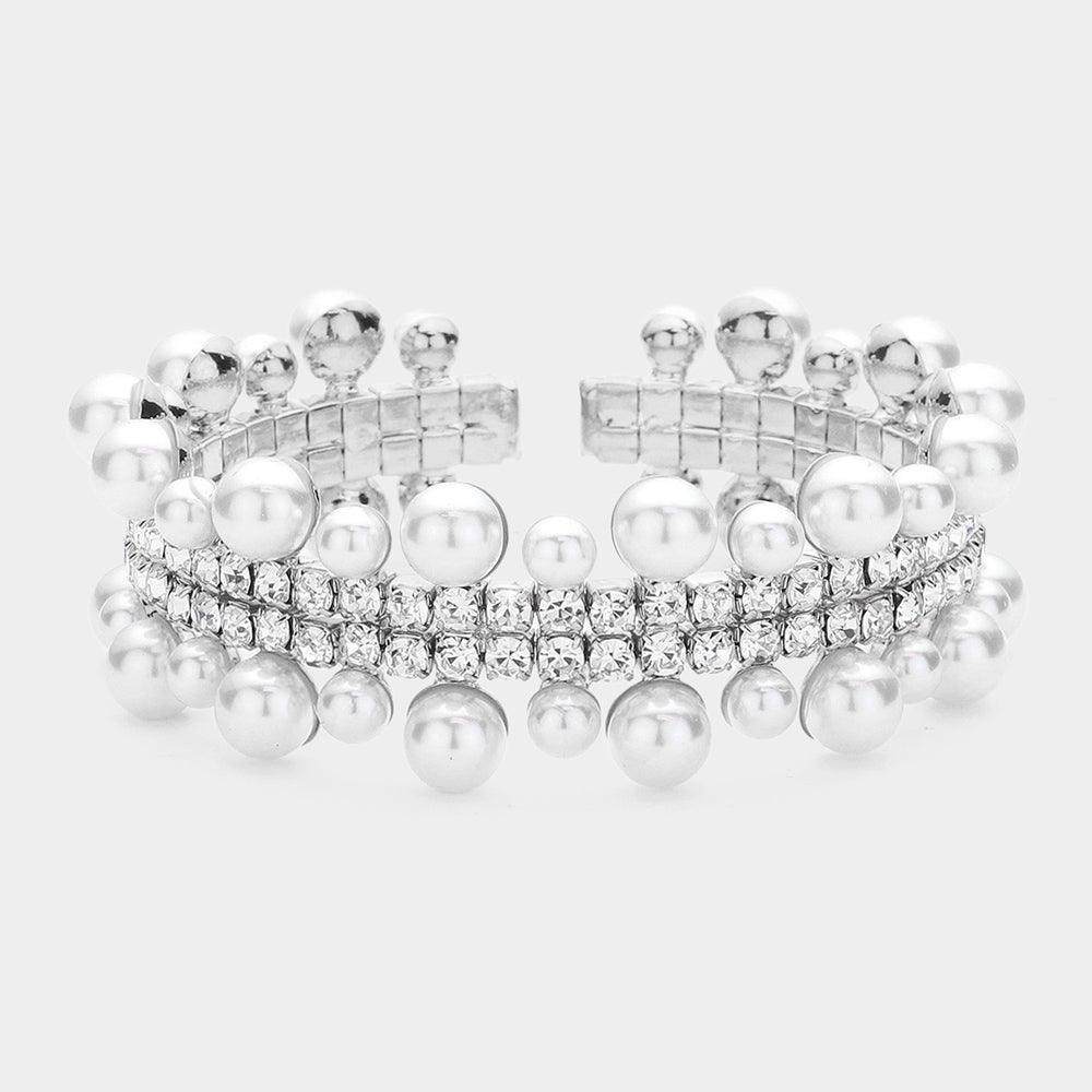 White Pearl Embellished Rhinestone Paved Cuff Bracelet - Jewelry Store by Erik Rayo