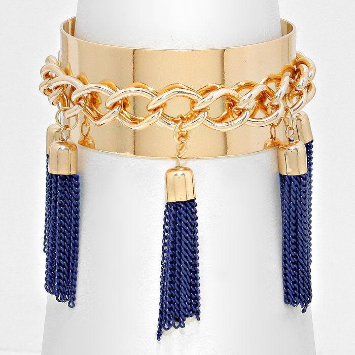 Gold Metal Chain Tassel Charm Station Cuff Bracelet - Jewelry Store by Erik Rayo