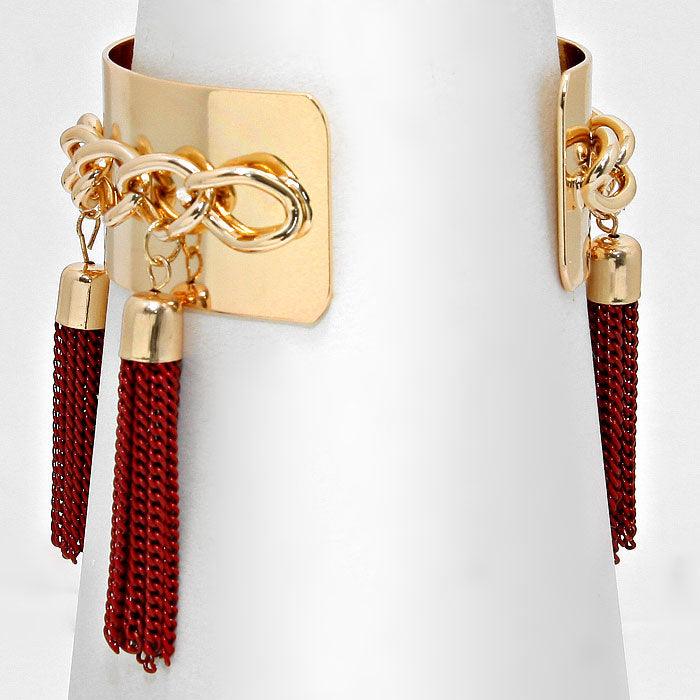 Red Metal Chain Tassel Charm Station Cuff Bracelet - Jewelry Store by Erik Rayo