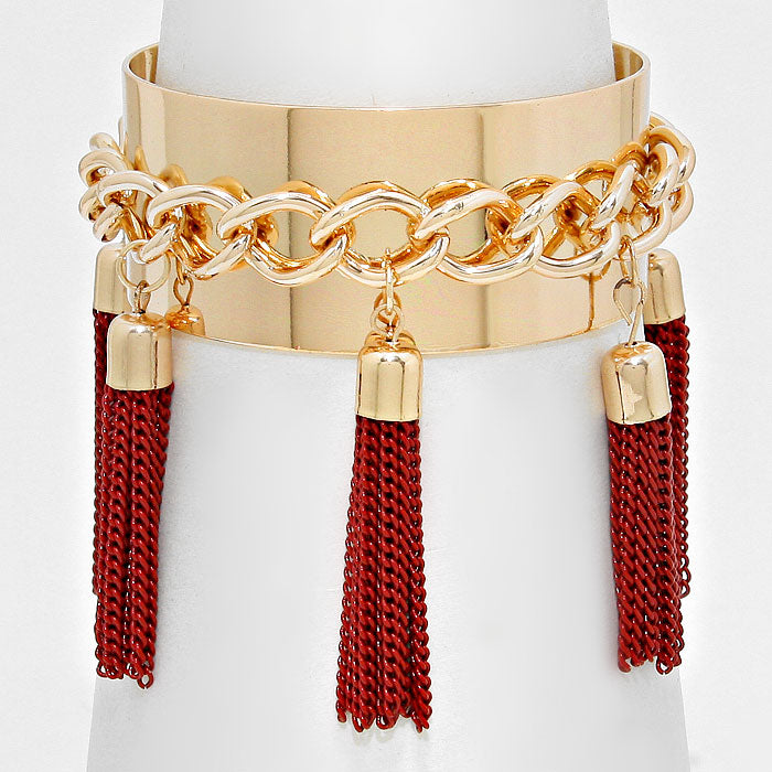 Red Metal Chain Tassel Charm Station Cuff Bracelet