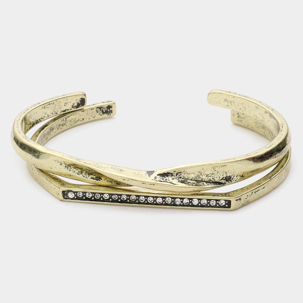 Gold Layered Crystal Detail Vintage Metal Cuff Bracelet - Jewelry Store by Erik Rayo