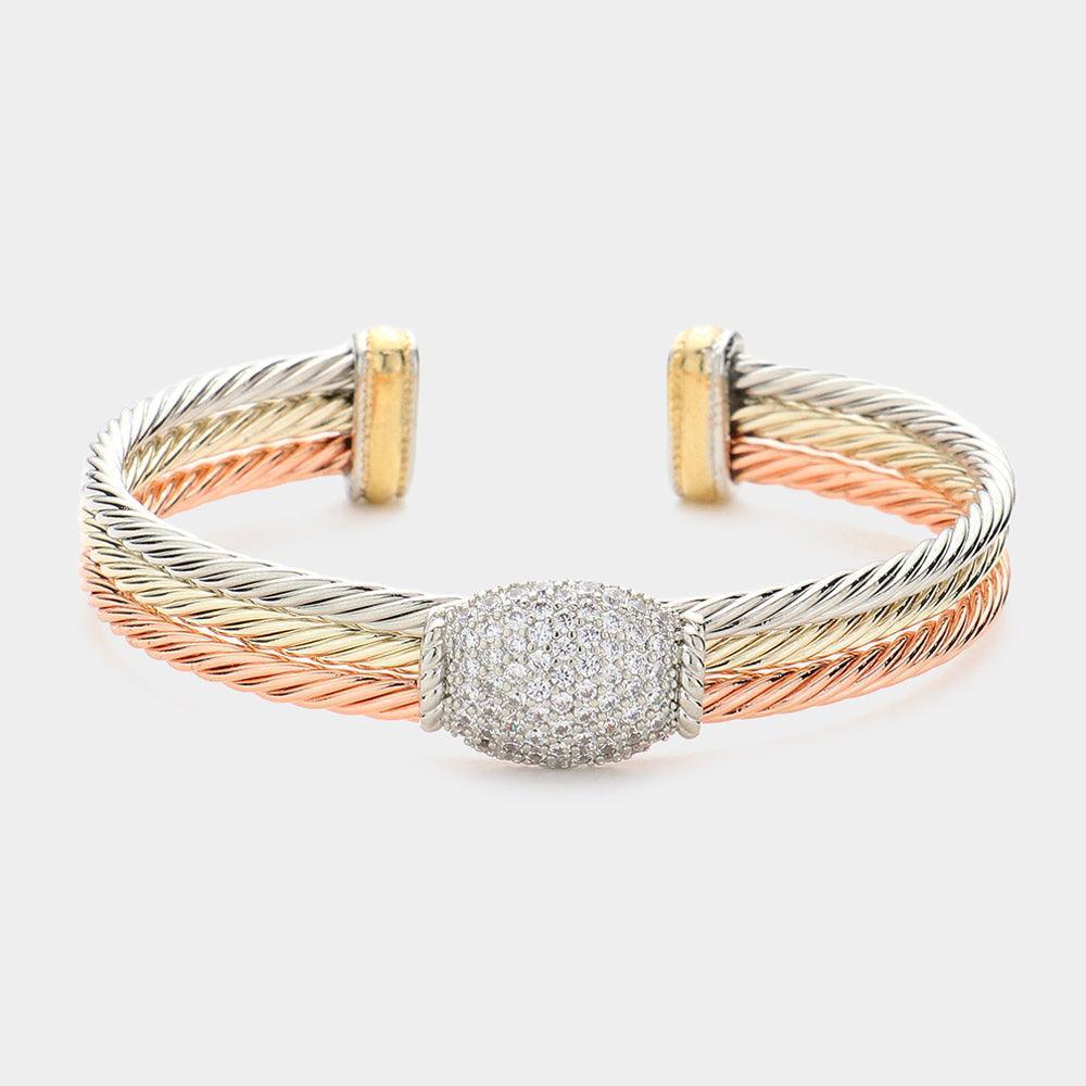 Three Tone Rhinestone Paved Pendant Embellished Three Tone Twisted Metal Cuff Bracelet - Jewelry Store by Erik Rayo