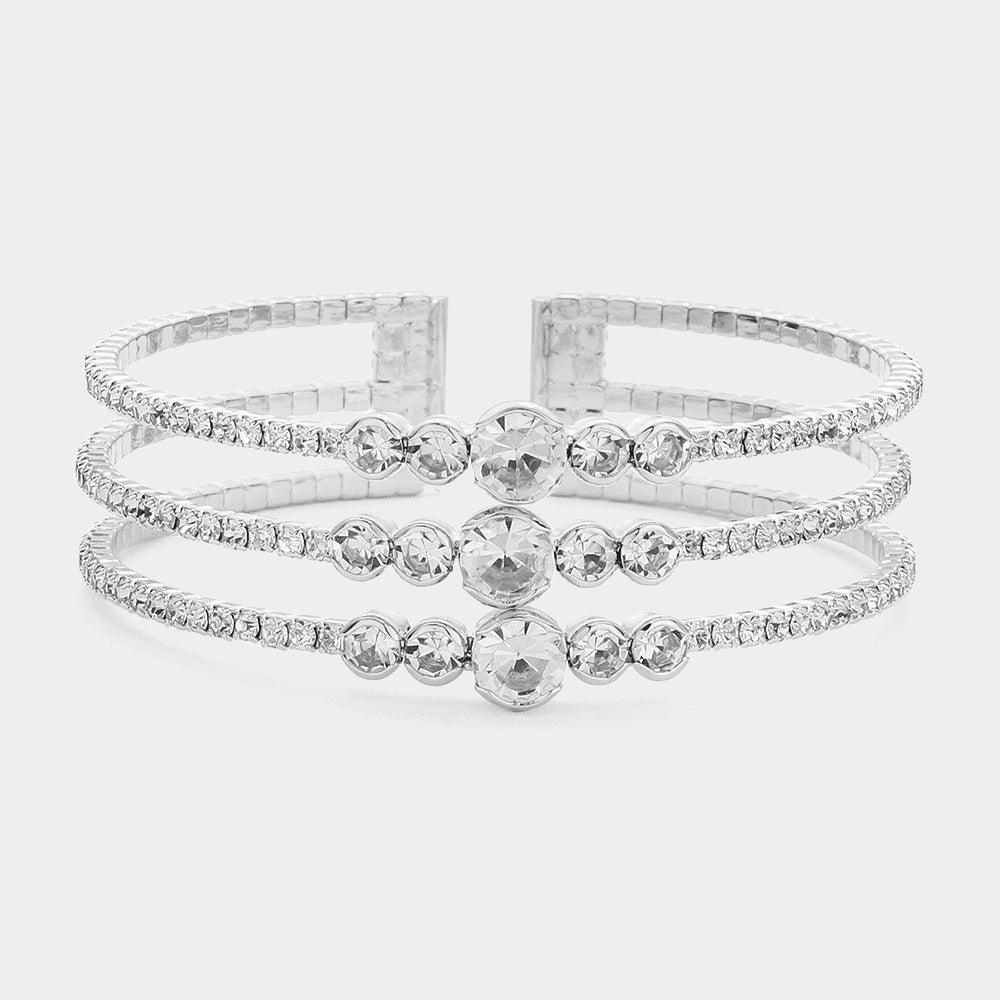 Silver Round Stone Pointed Rhinestone Paved Split Cuff Bracelet