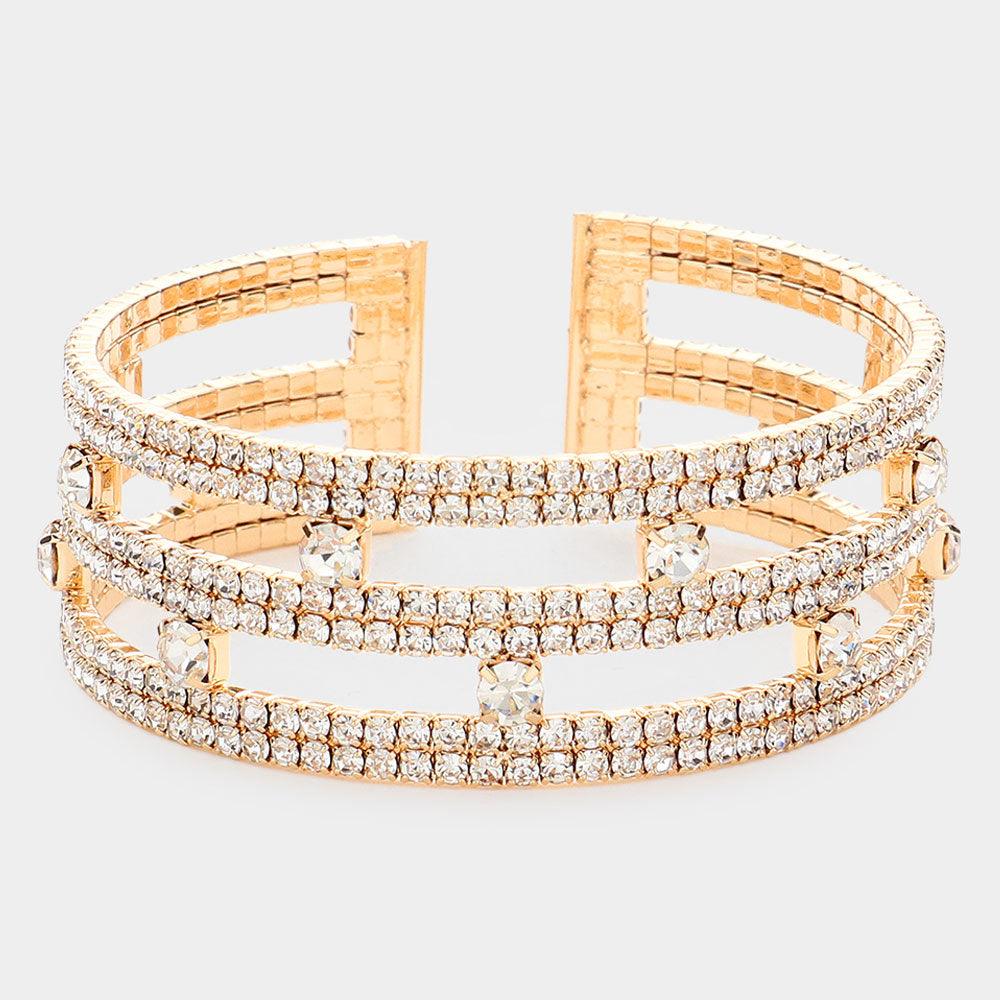 Gold Round Stone Pointed Split Cuff Evening Bracelet
