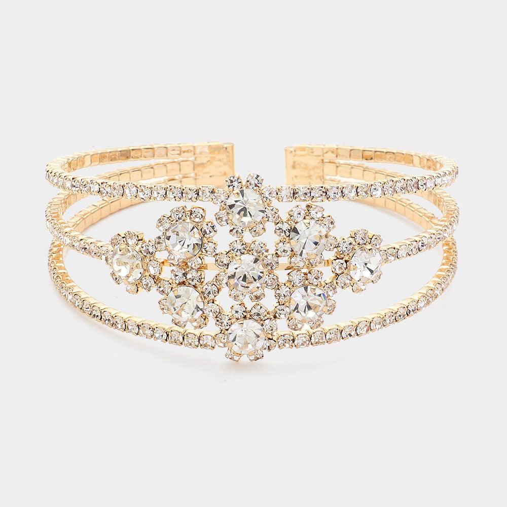 Gold Round Stone Accented Rhinestone Paved Split Cuff Bracelet