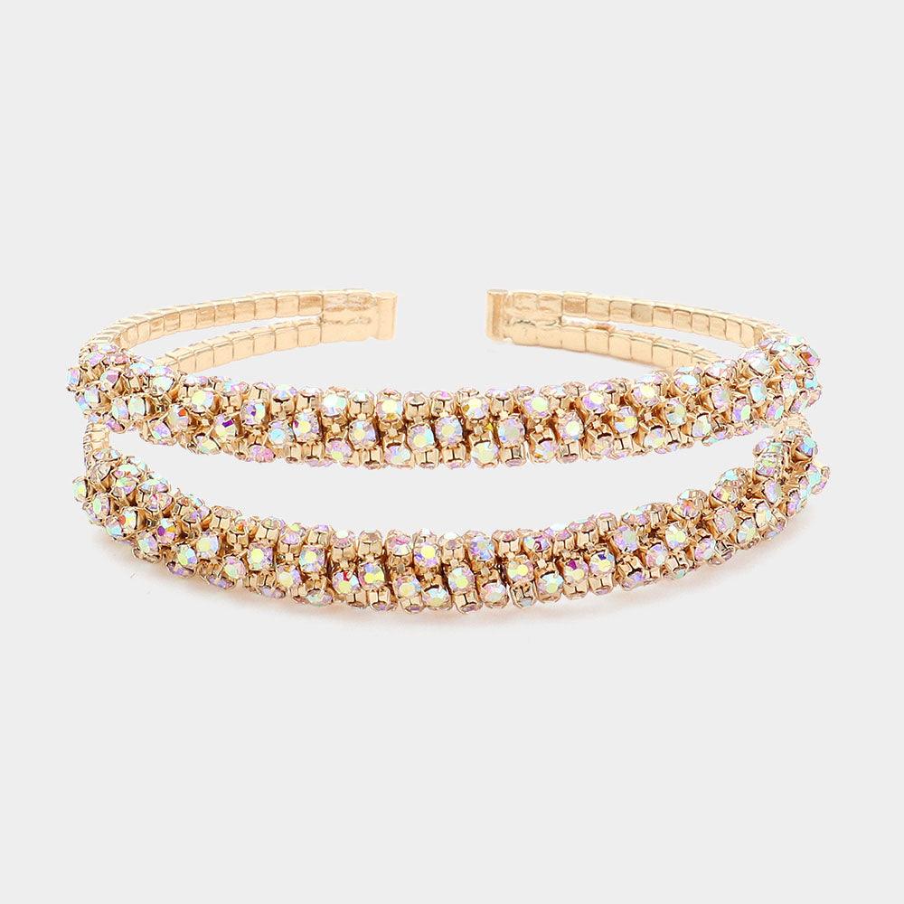 Gold Rhinestone Paved Double Row Evening Cuff Bracelet