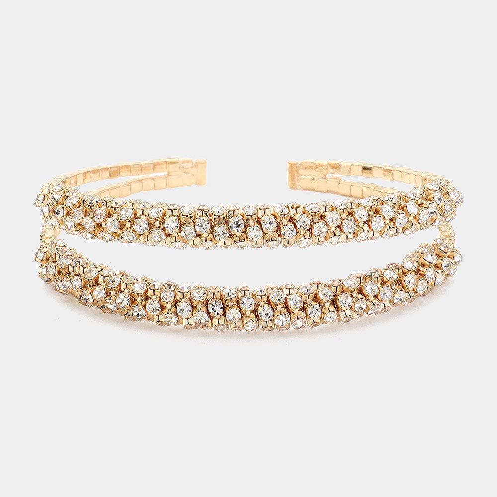 Gold Rhinestone Paved Double Row Evening Cuff Bracelet