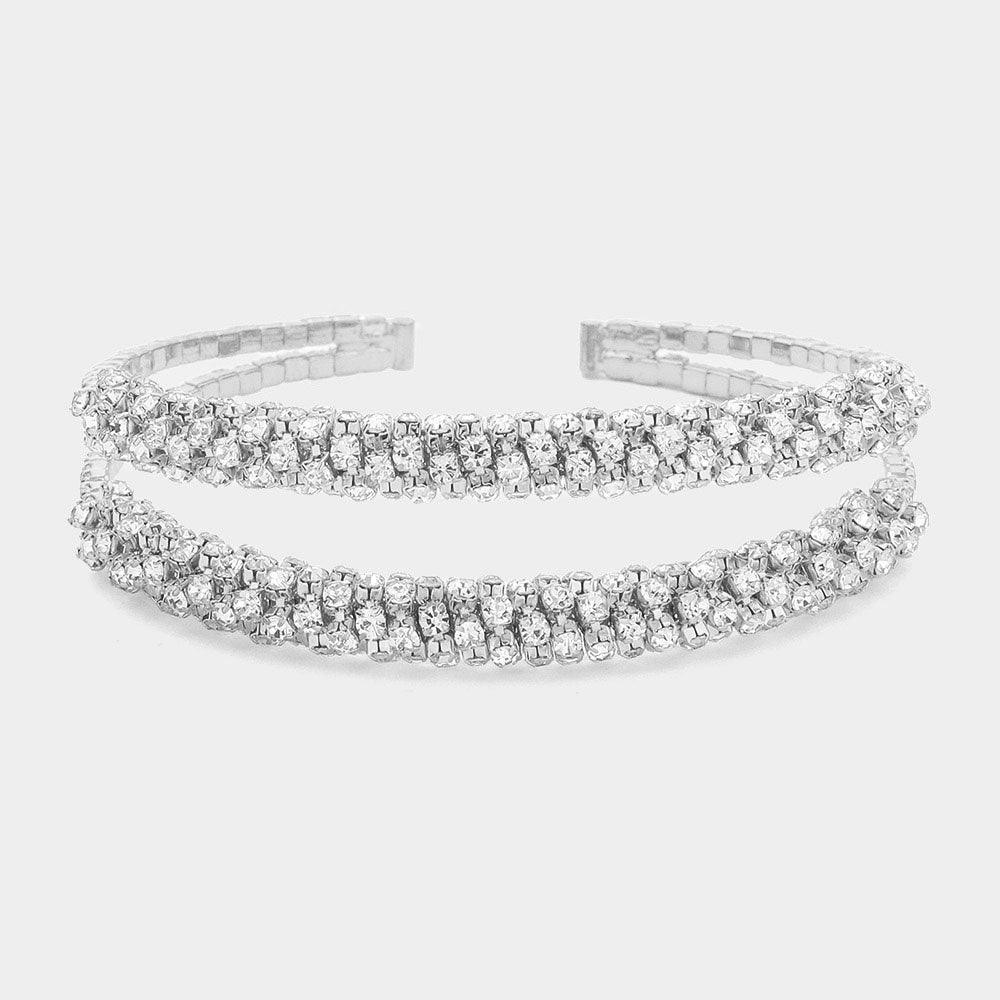 Silver Rhinestone Paved Double Row Evening Cuff Bracelet