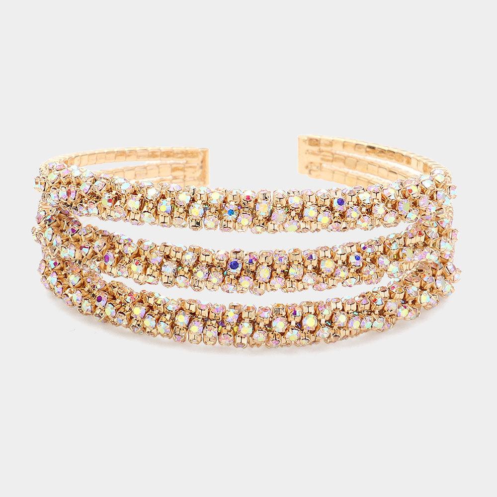 Gold Rhinestone Paved Triple Row Evening Cuff Bracelet