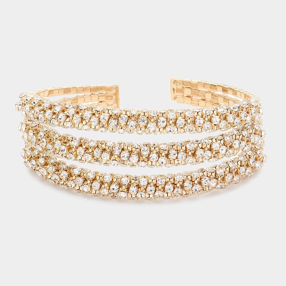 Gold Rhinestone Paved Triple Row Evening Cuff Bracelet