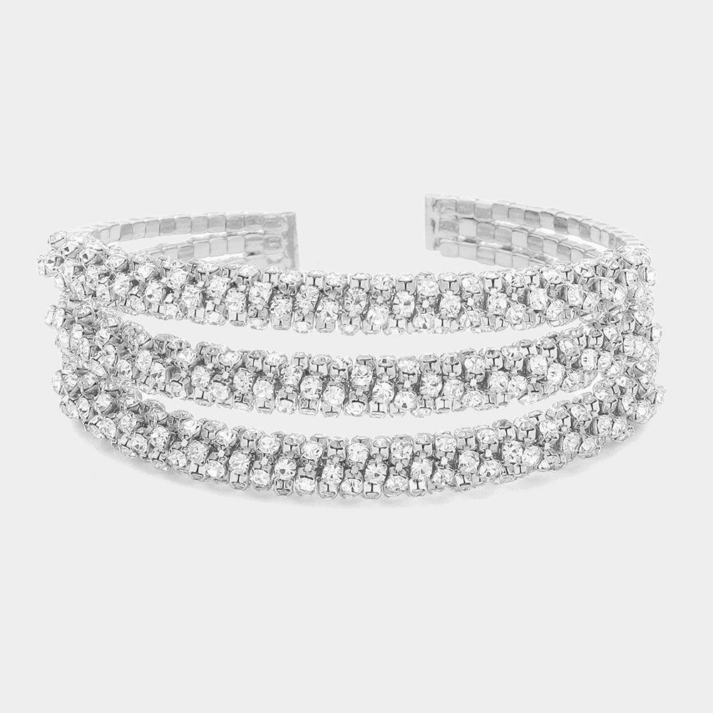 Silver Rhinestone Paved Triple Row Evening Cuff Bracelet