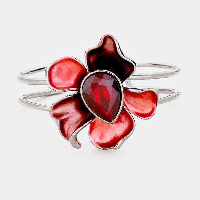 Hematite Crystal Teardrop Metal Flower Cuff Bracelet - Jewelry Store by Erik Rayo