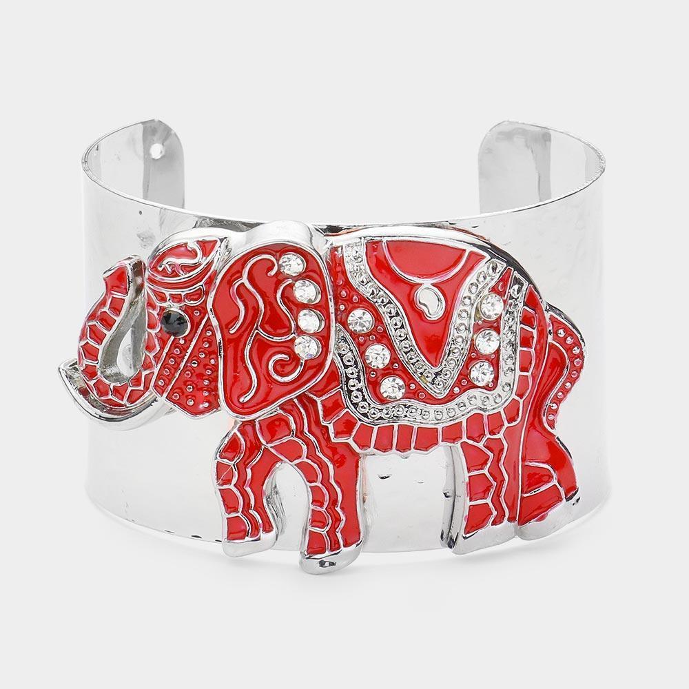 Red Stone Embellished Enamel Elephant Cuff Bracelet - Jewelry Store by Erik Rayo