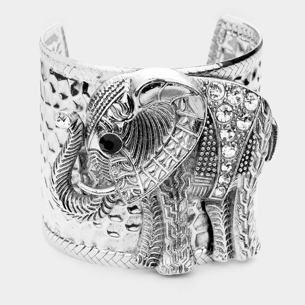 Silver Stone Embellished Elephant Cuff Bracelet