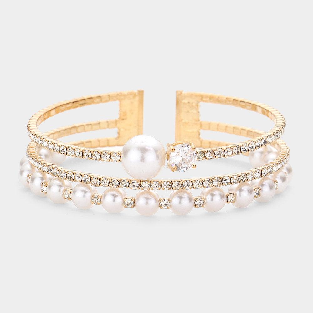 Gold Pearl Accented Rhinestone Split Cuff Bracelet