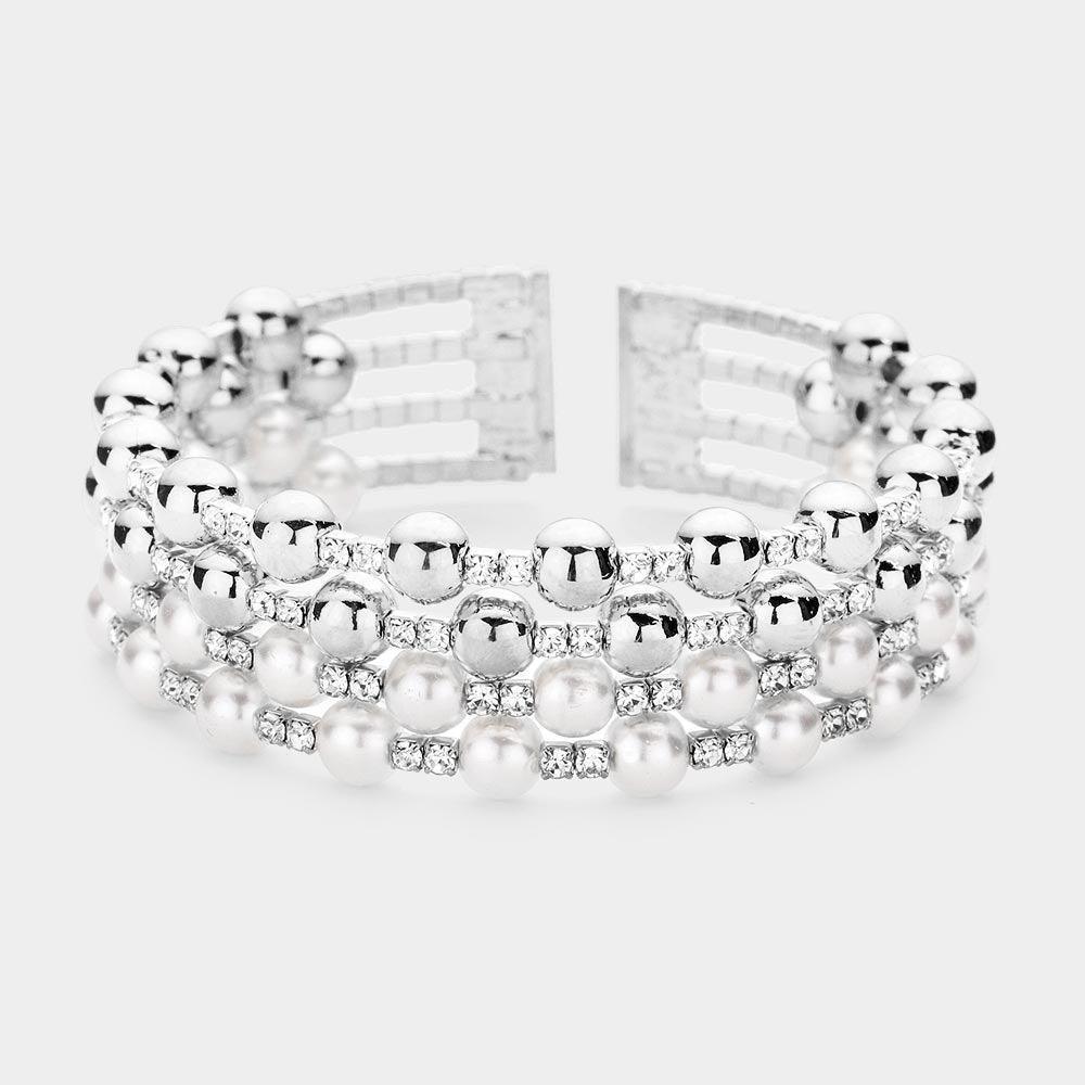 Pearl Metal Ball Accented Rhinestone Cuff Bracelet - Jewelry Store by Erik Rayo