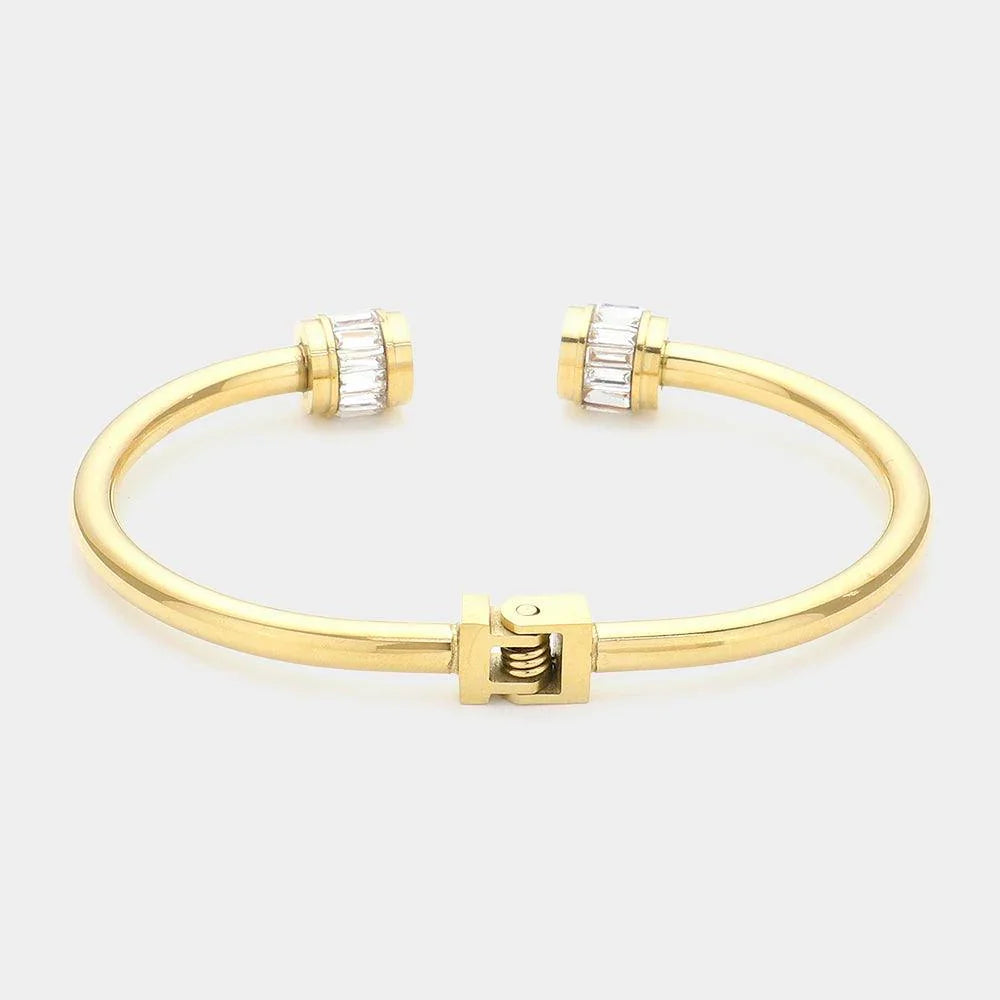 Gold Stainless Steel Baguette Stone Nail Head Tip Hinged Cuff Bracelet - Jewelry Store by Erik Rayo