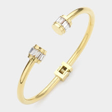 Load image into Gallery viewer, Gold Stainless Steel Baguette Stone Nail Head Tip Hinged Cuff Bracelet

