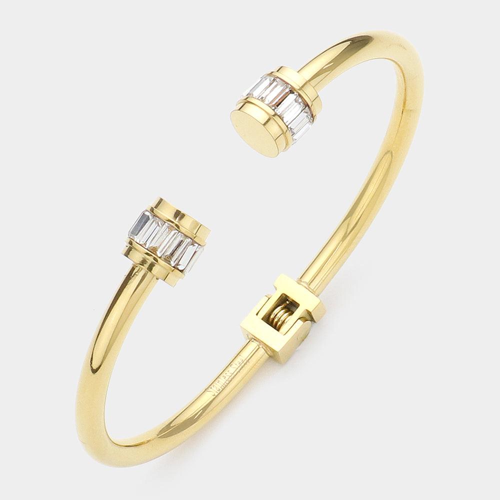 Gold Stainless Steel Baguette Stone Nail Head Tip Hinged Cuff Bracelet
