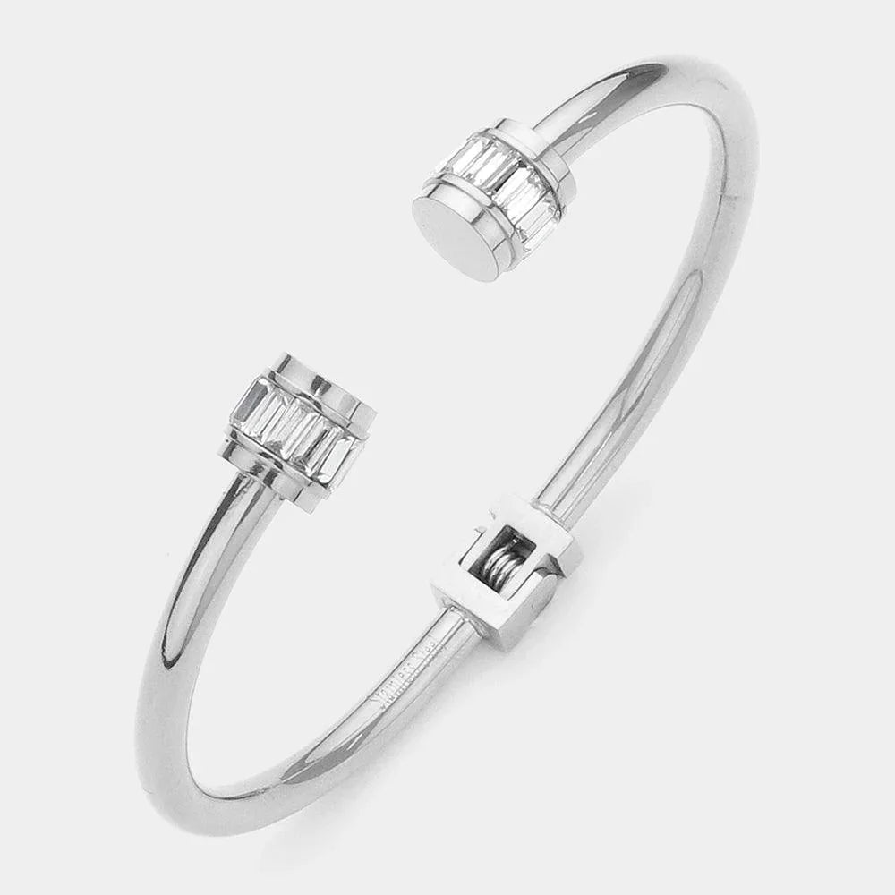 Silver Stainless Steel Baguette Stone Nail Head Tip Hinged Cuff Bracelet - Jewelry Store by Erik Rayo