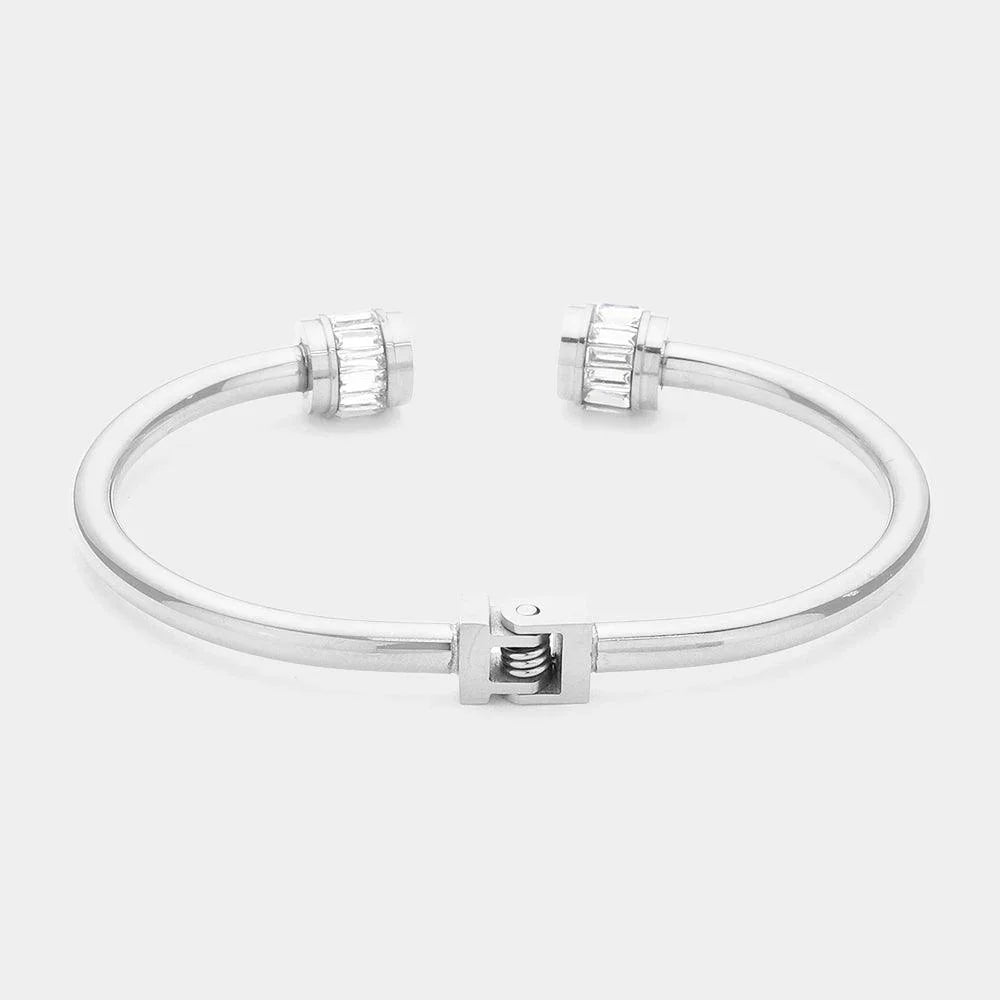 Silver Stainless Steel Baguette Stone Nail Head Tip Hinged Cuff Bracelet - Jewelry Store by Erik Rayo