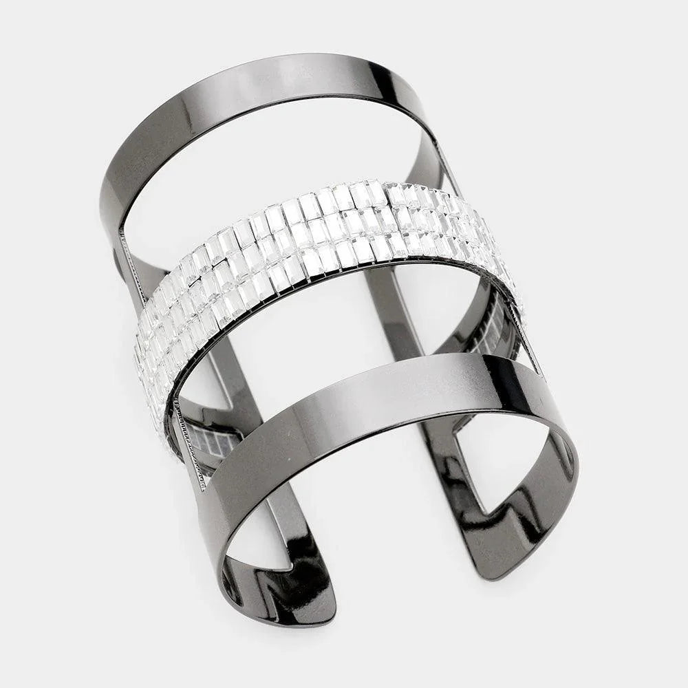 Hematite Baguette Cut Statement Split Layer Cage Cuff Bracelet - Jewelry Store by Erik Rayo