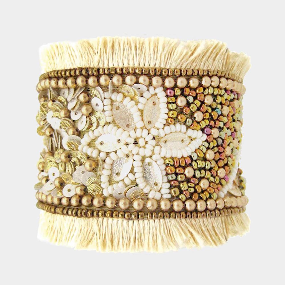 Boho Flower Accented Beaded Cuff Bracelet - Jewelry Store by Erik Rayo